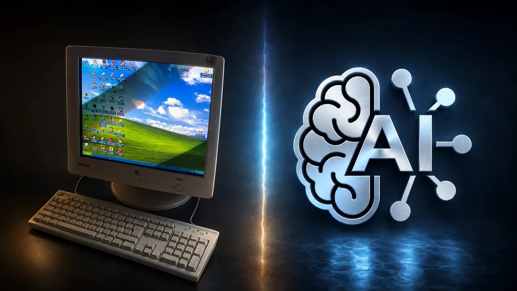 Computador antigo de um lado e representação de um cérebro de inteligência artificial do outro